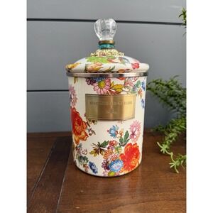 MacKenzie-Childs White Flower Market Enameled Medium 8.5" Canister NWOB Pretty!